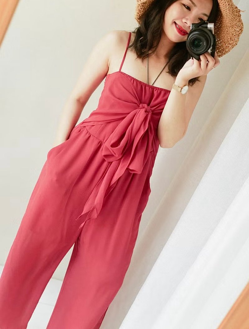 j lace甜甜莓果红青春恋爱爱情派对 纺纱连身裤吊带裤连衣裤长裤 - 背带裤/连体裤 - 聚酯纤维 红色