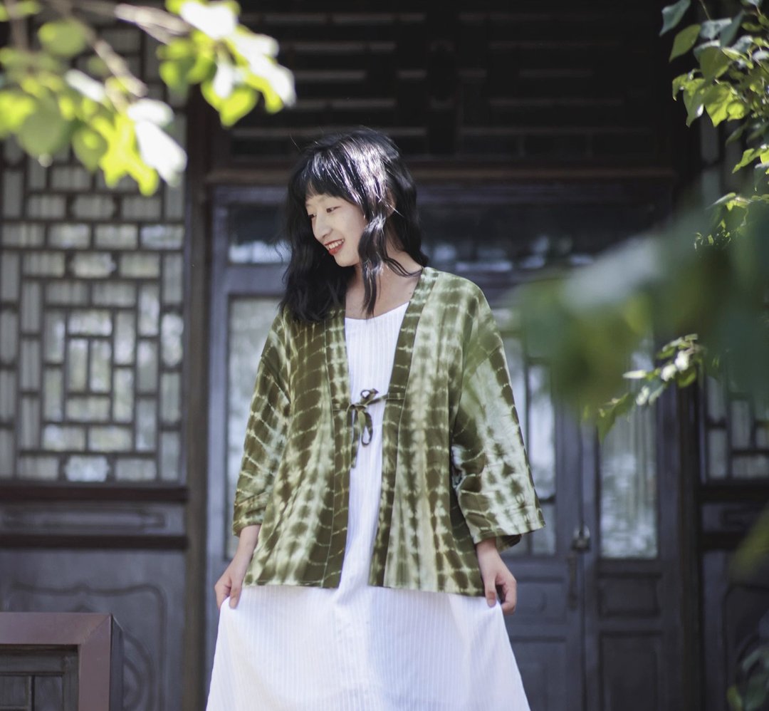 日式和风 草绿色扎染禅意道袍 和服式系带开衫羽织外套 - 女装上衣 - 其他材质 绿色