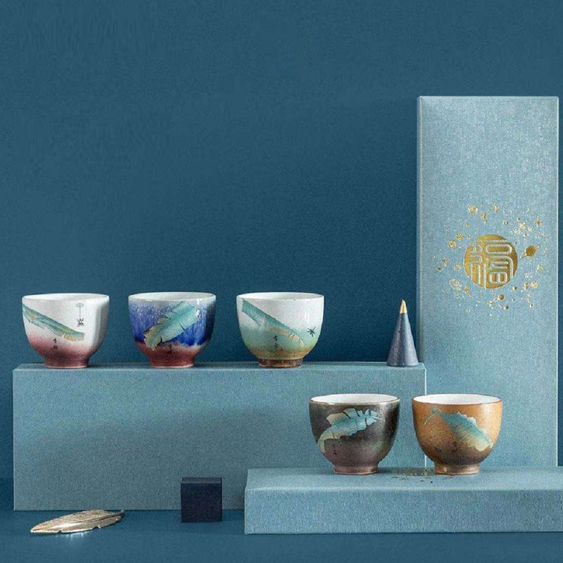 五彩福禄寿喜财 | 主人杯 陶瓷功夫茶杯5件套 新年春节礼物 礼盒 - 茶具/茶杯 - 陶 