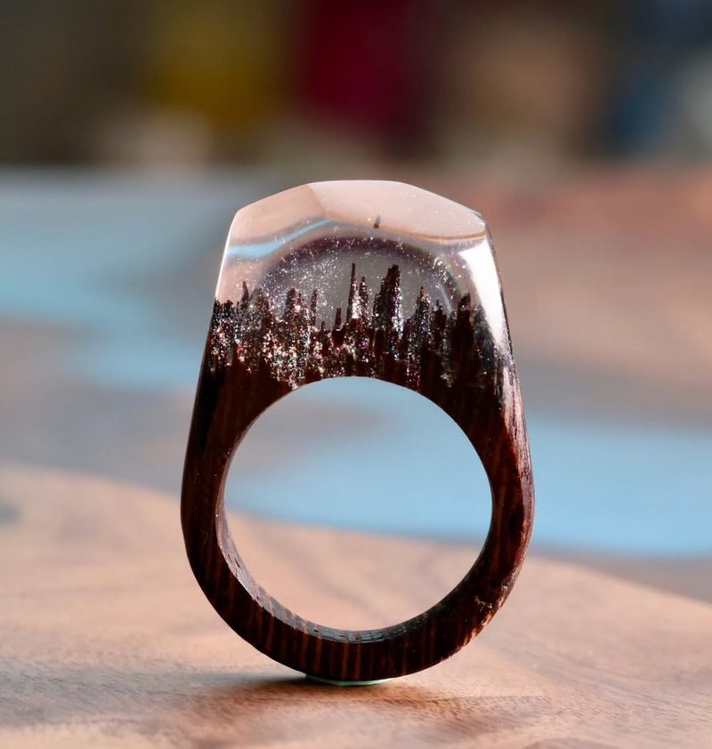 银河、手工树脂木头戒指、自然设计、珠宝饰品、天然实木雕刻、炎 - 戒指 - 树脂 银色