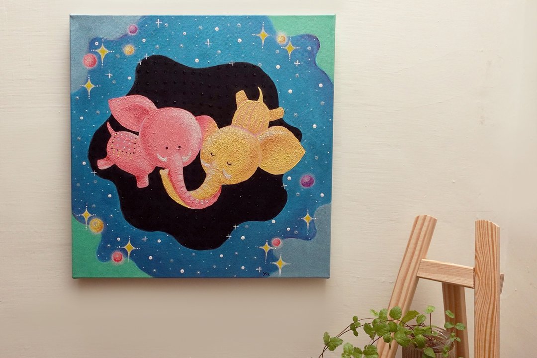 大象无框画/压克力颜料手绘/飞天象/星空/童趣居家布置 - 海报/装饰画/版画 - 其他材质 蓝色