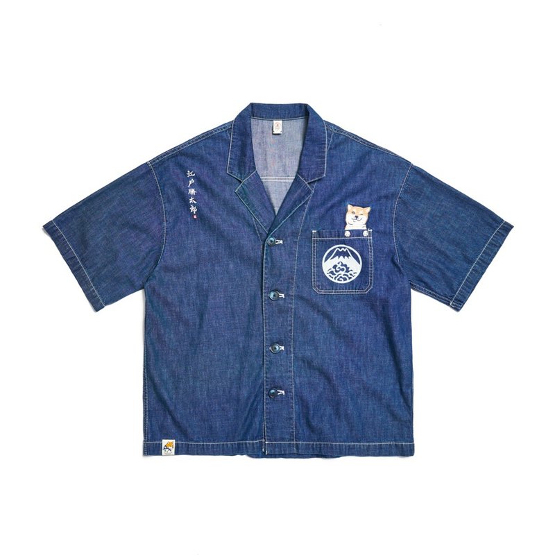 江户胜 日系 太郎系列 古巴领牛仔衬衫-男装 (中古蓝) #衬衫 - 男装衬衫 - 棉 蓝色