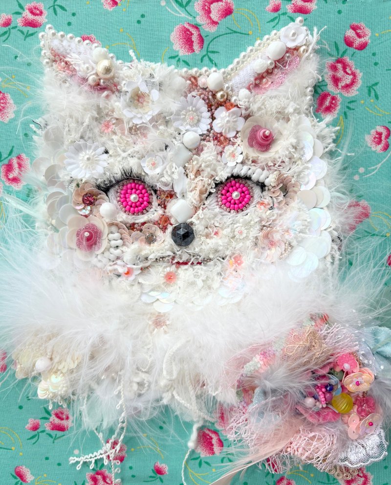 梦幻色彩的闪亮串珠刺绣艺术　作品名【喵喵 蓝色和粉色】 - 墙贴/壁贴 - 绣线 白色