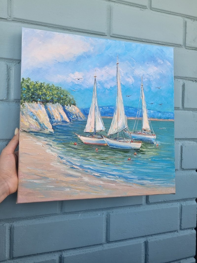 海景原创艺术油画帆船布面艺术品 40x40cm - 墙贴/壁贴 - 棉 蓝色