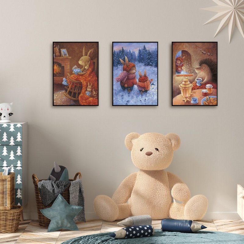 【联画优惠组合】圣诞说故事三幅联画组合-卧室/北欧插画画作 - 海报/装饰画/版画 - 其他材质 卡其色