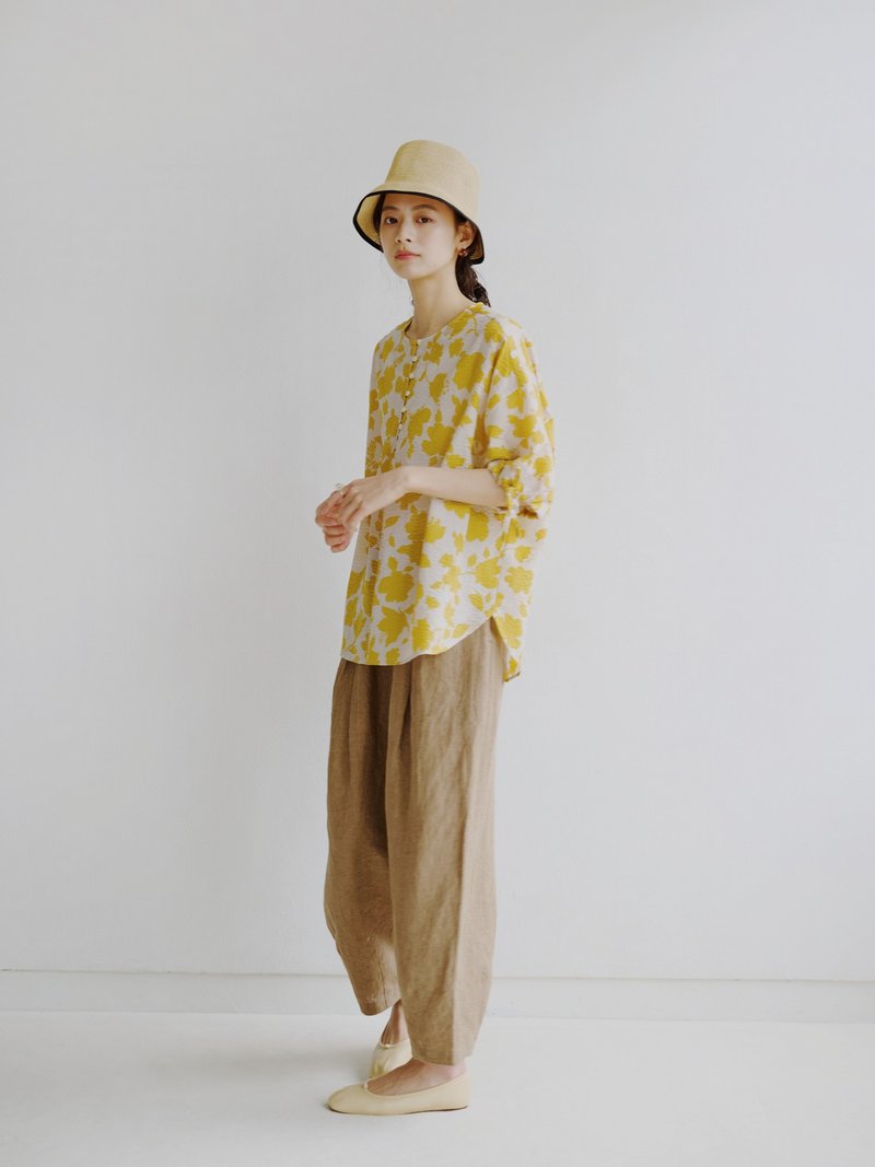 KOOW梧桐花柄油画感简约衬衫 日产轻薄盐缩泡泡纱系带衬衫 - 女装衬衫 - 棉．麻 黄色