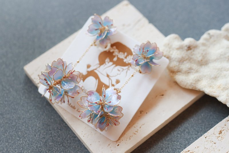 春樱 白月色 樱花花球垂坠式水晶花树脂 对称树脂耳环 - 耳环/耳夹 - 树脂 多色