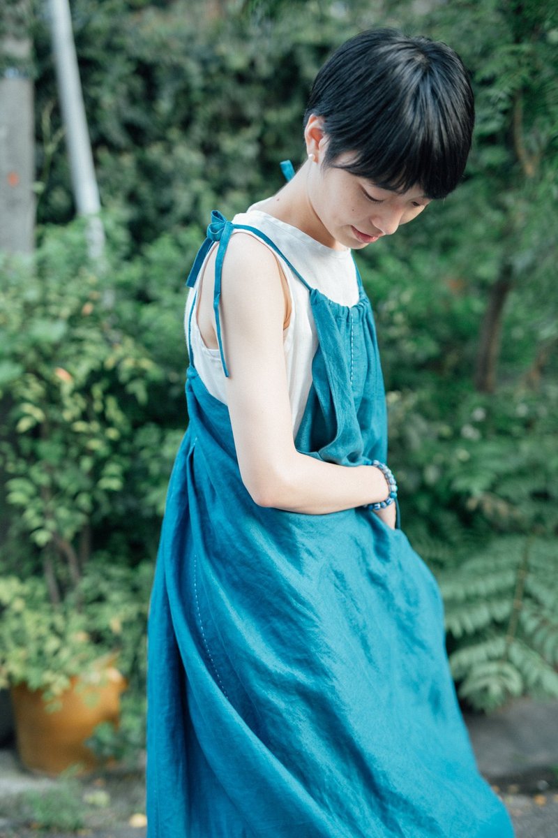 浪花吊带裙 | 纯苎麻 纳户色 | 多种穿法 - 洋装/连衣裙 - 棉．麻 蓝色