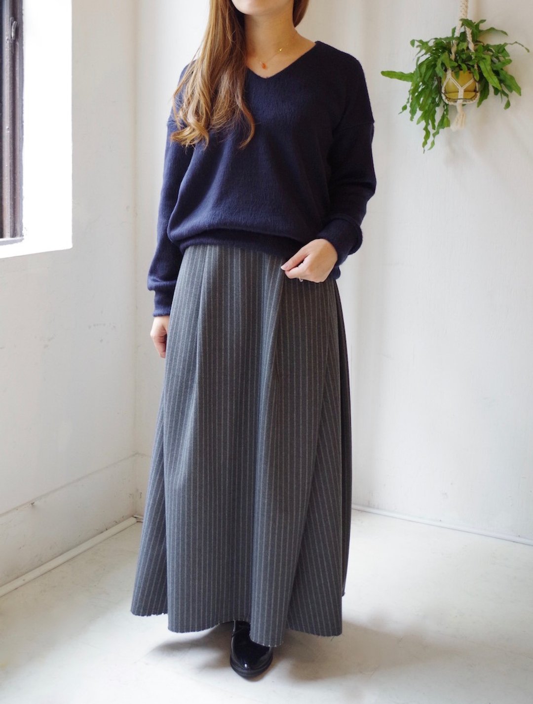 Stripe side Tuck Long skirts - 裙子 - 其他材质 灰色