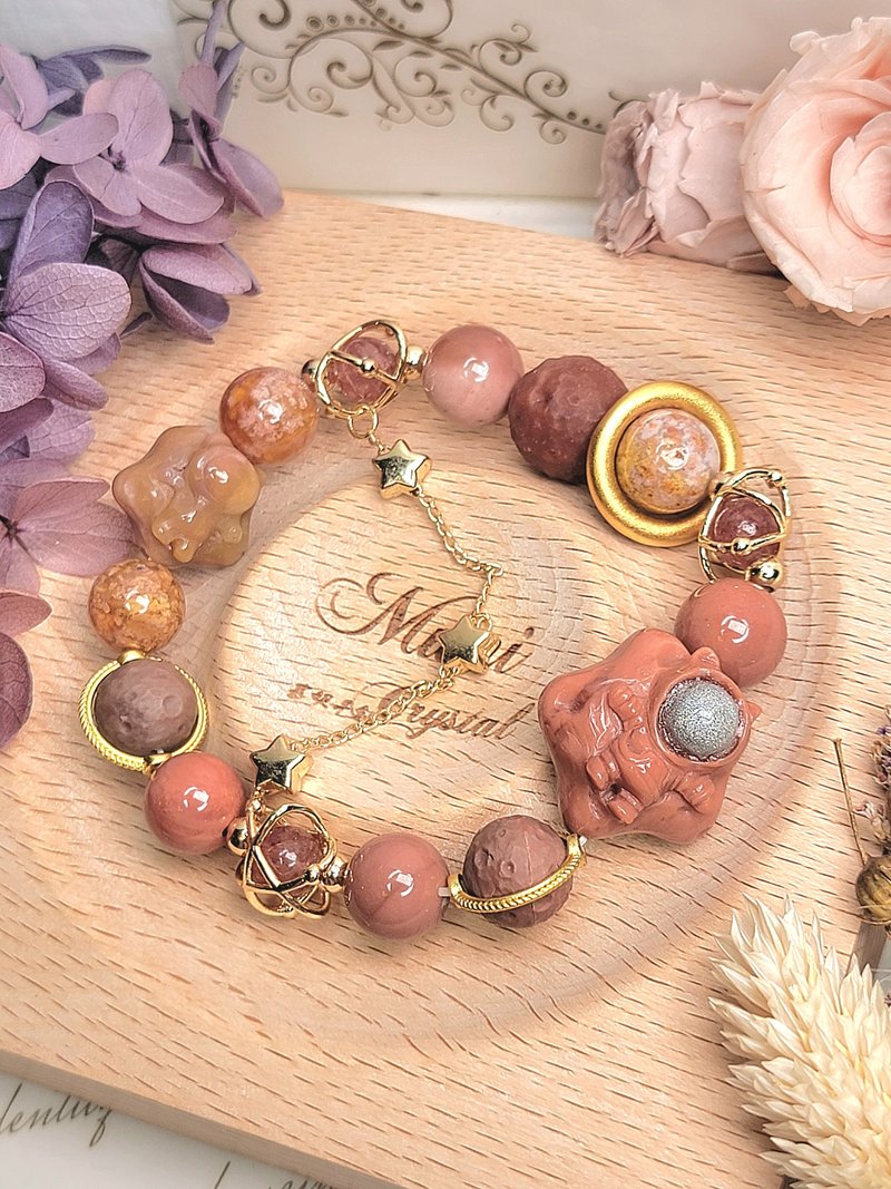 星聚。14k金包铜保色优雅粉爆花阿拉善喵星人星球设计款手链 - 手链/手环 - 水晶 粉红色