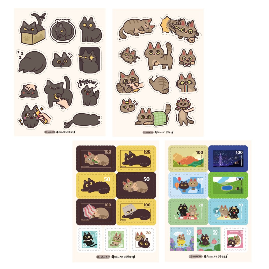 猫咪插画半断贴纸 共4款 - 贴纸 - 纸 多色