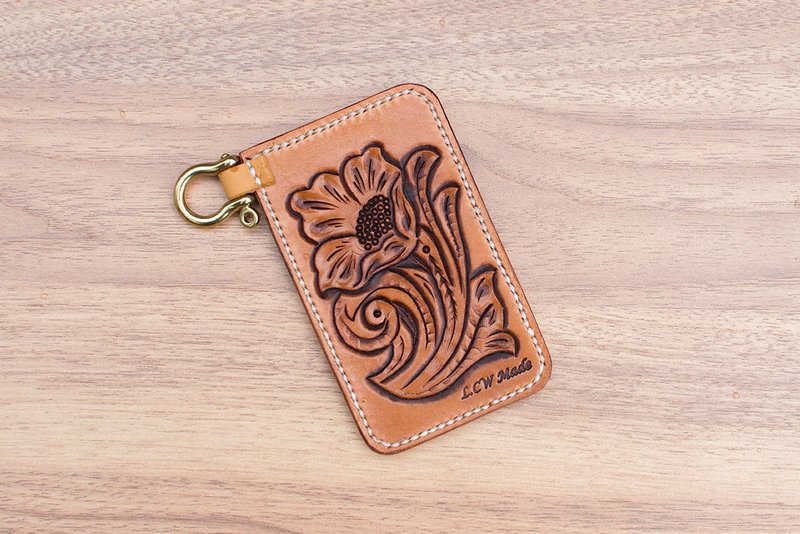 【手工制】唐草皮雕证件套(黄铜扣具) - 证件套/卡套 - 真皮 橘色