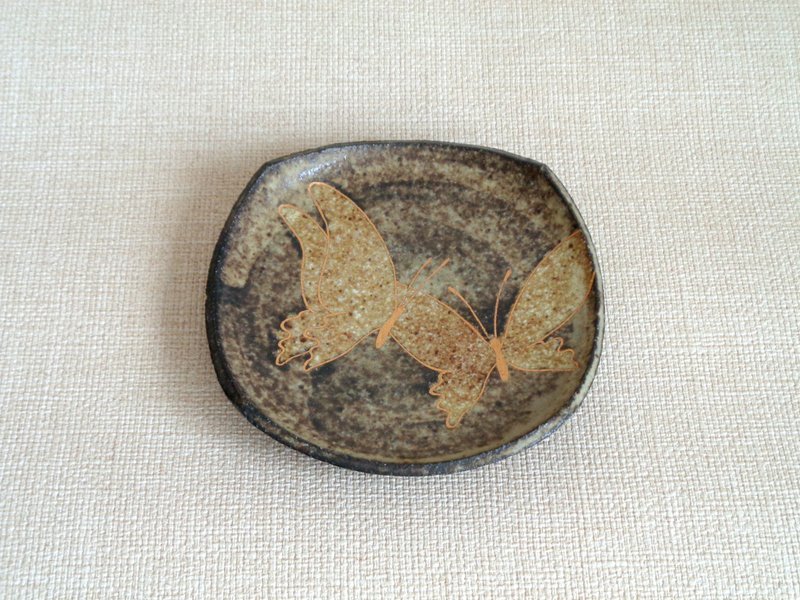 四方皿 金彩 双蝶 a - 浅碟/小碟子 - 陶 黑色