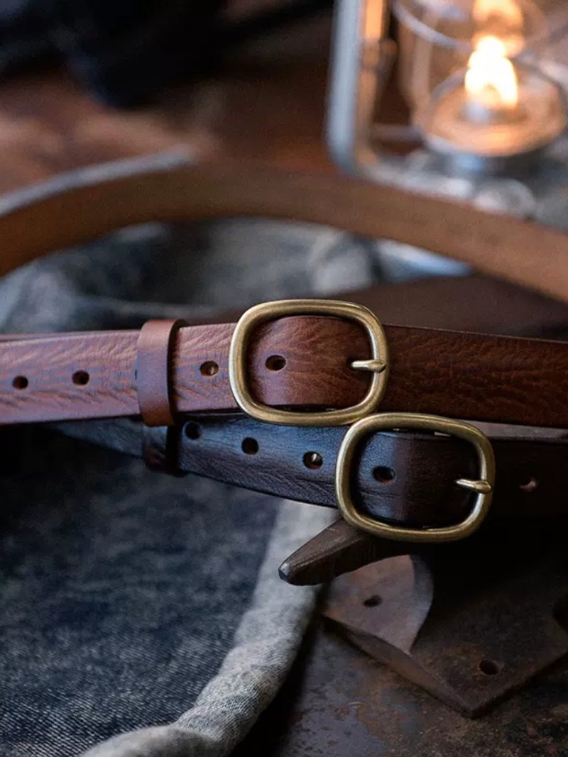 女用2.8cm腰带 纯铜扣头 天然真皮纹理 基础百搭款皮带 - 皮带/腰带 - 真皮 咖啡色