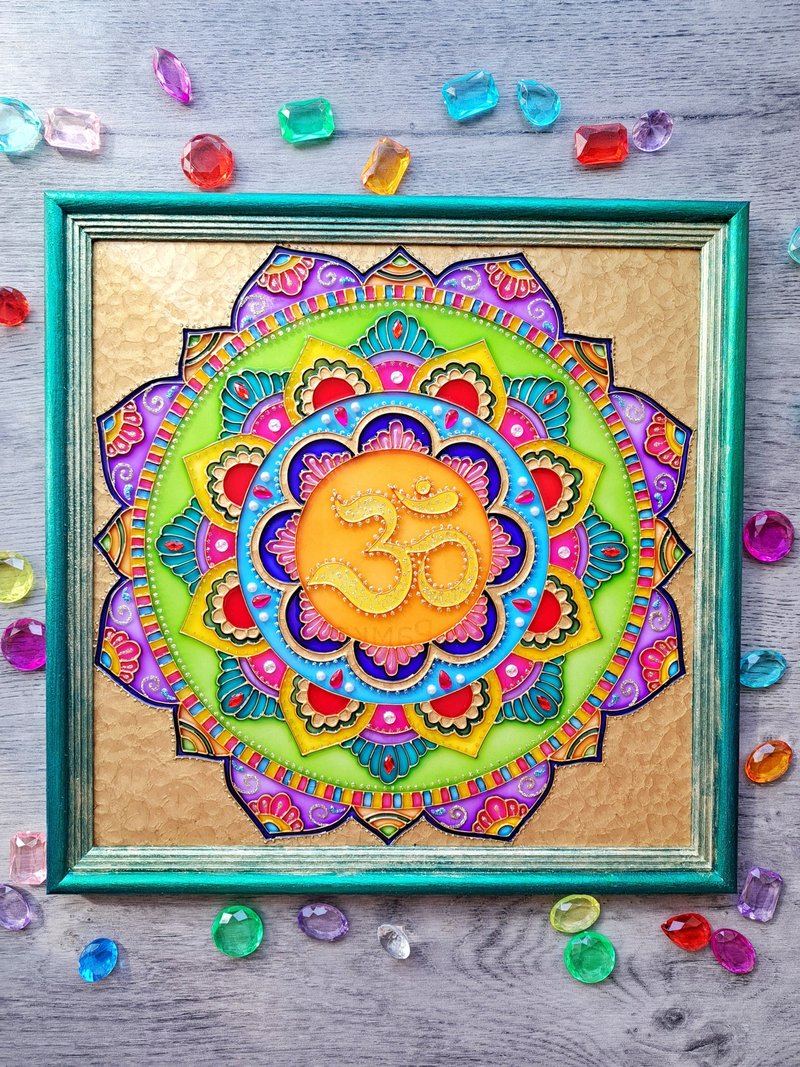 彩色玻璃OM曼陀罗墙上挂画玻璃脉轮瑜伽手工制作 - 墙贴/壁贴 - 玻璃 绿色