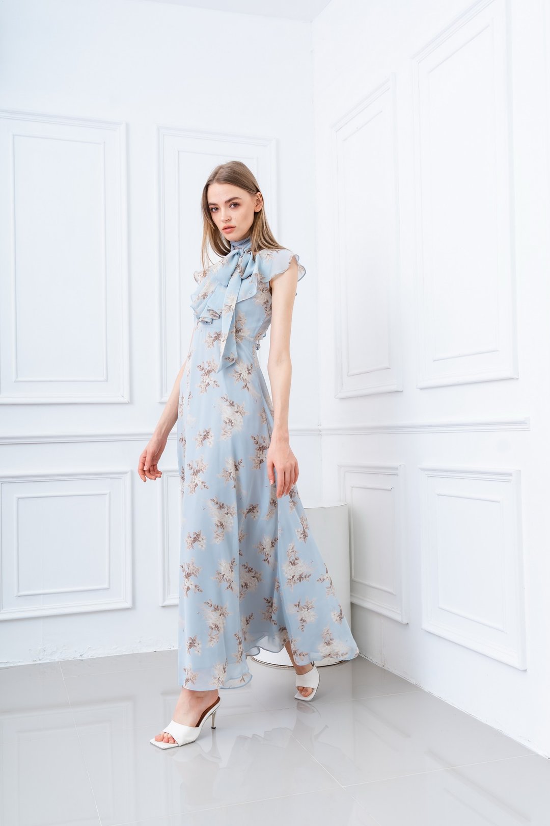 Dusty blue floral bridesmaid dress Spring Summer Party cocktail maxi dress - 晚装/礼服 - 聚酯纤维 蓝色