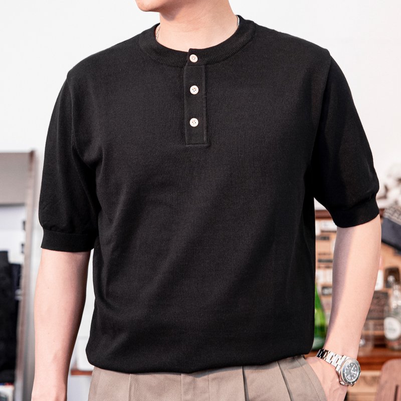 短袖亨利领针织衫 加厚螺纹工艺 T-shirt 凉爽舒适 春夏着用 - 男装上衣/T 恤 - 其他材质 黑色