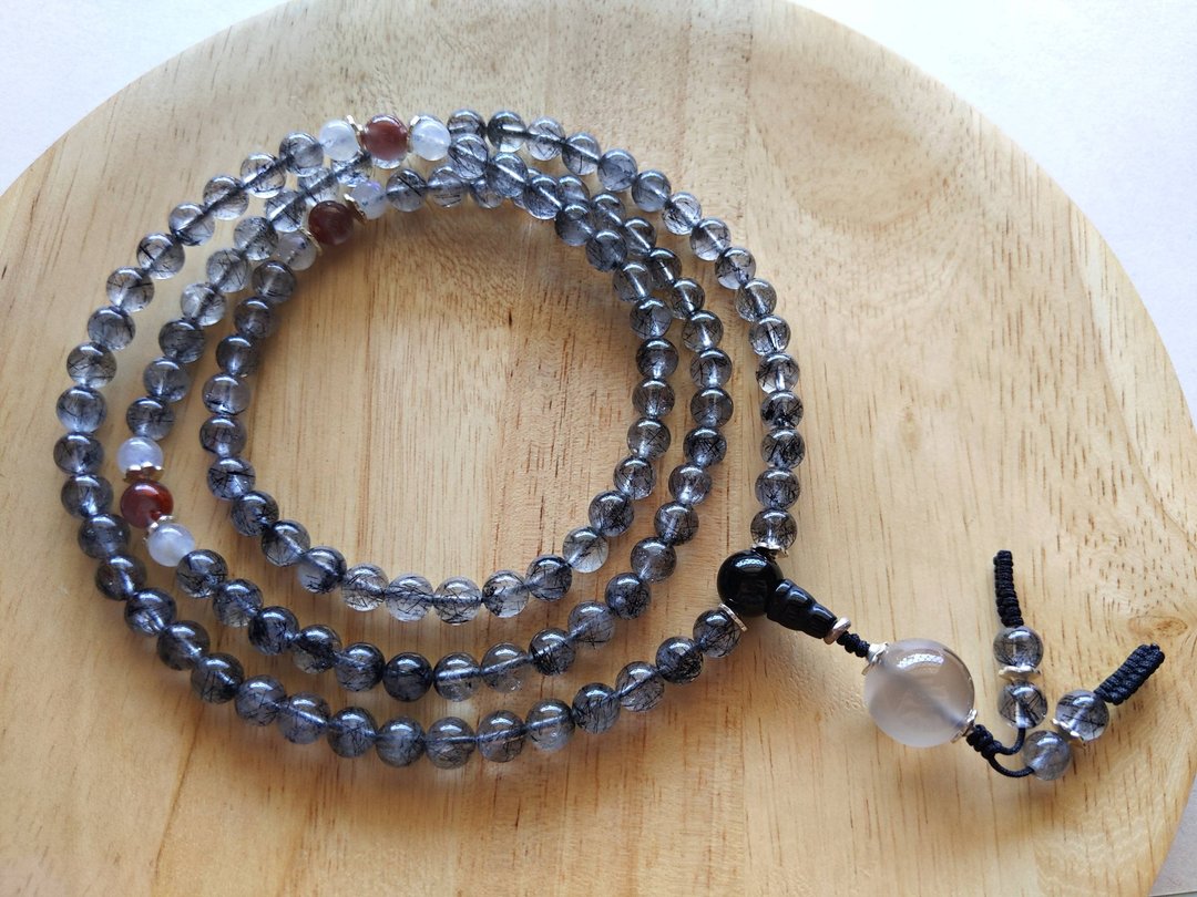 ORLI Jewelry 天然黑发晶108颗念珠 冰飘南红玛瑙荔枝冻 天然石 - 项链 - 宝石 黑色