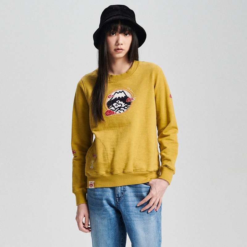 江户胜 日系 女装 富士窗景厚长袖T恤(灰绿色) #上衣 - 中性连帽卫衣/T 恤 - 棉．麻 绿色