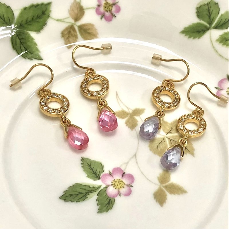 白钻水滴耳环 - 耳环/耳夹 - 水晶 粉红色