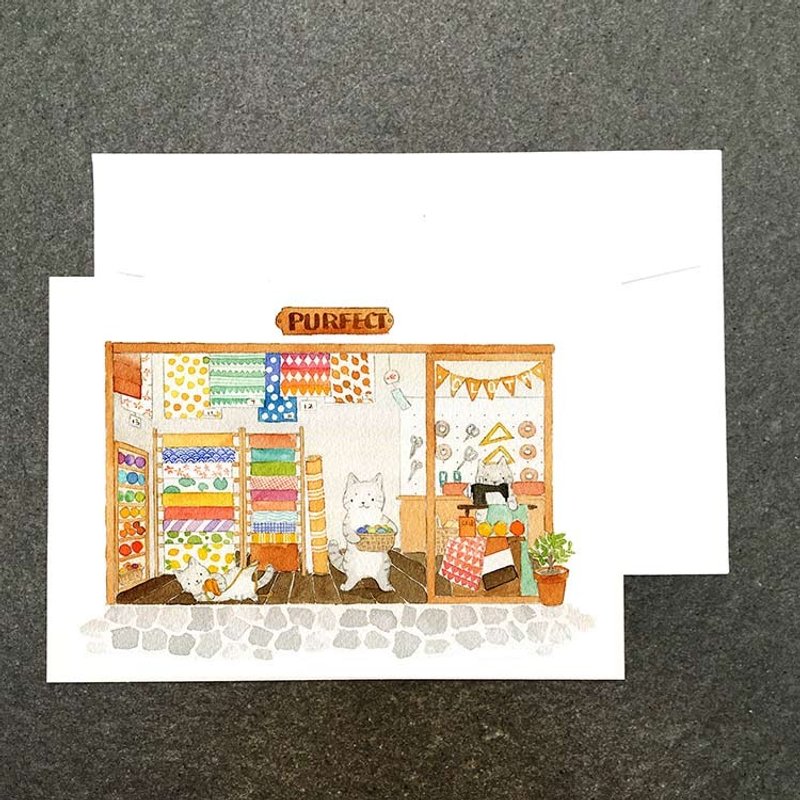 动物商店街の猫咪布匹店水彩明信片 - 卡片/明信片 - 纸 
