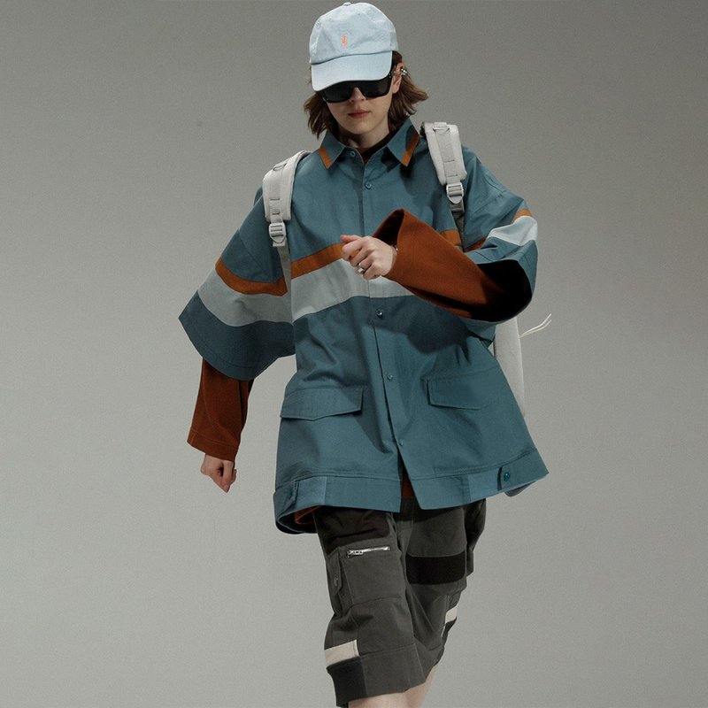 UNVESNO 复古潮牌条纹拼接工装情侣装休闲宽松短袖衬衫SWS-1226 - 男装衬衫 - 棉．麻 