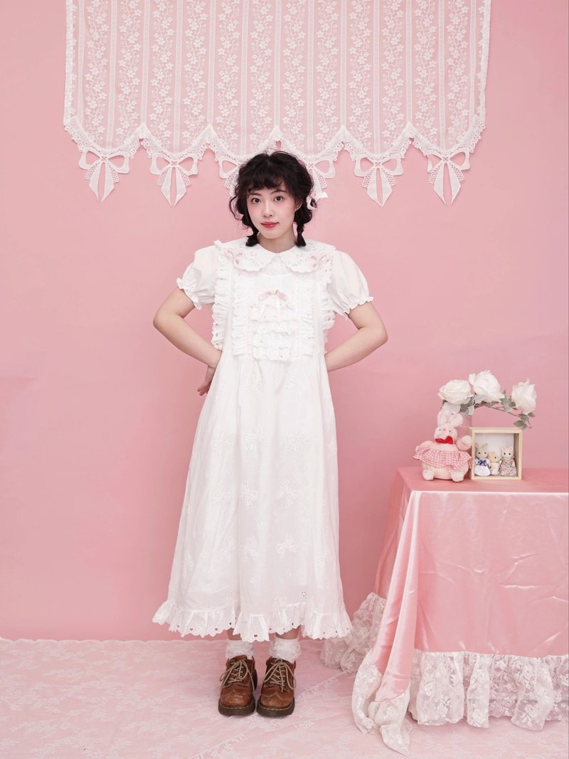 复古少女 蝴蝶花边刺绣白色背心裙 - 洋装/连衣裙 - 其他材质 白色