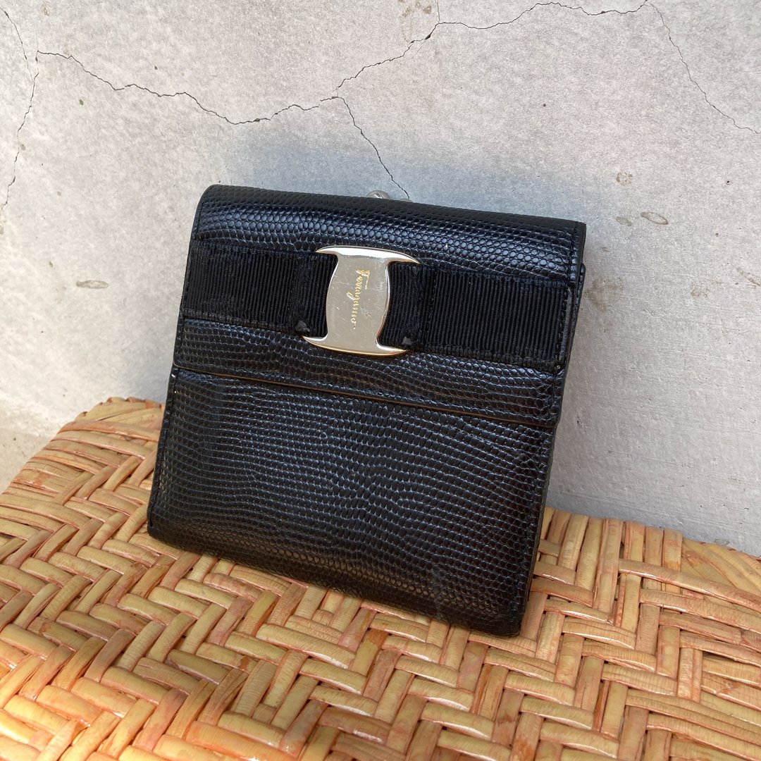 Salvatore Ferragamo 黑蜥蜴纹真皮 意大利 旋转珠扣 古董皮夹 - 皮夹/钱包 - 真皮 黑色