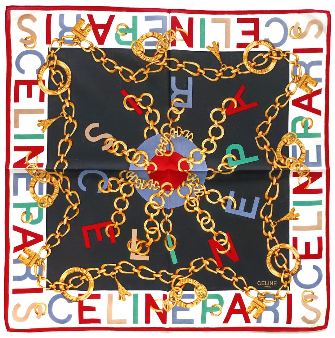 Celine 古董黑丝巾 金色链条 - 巴黎地标图案 23 x 22.5 英寸 - 手帕/方巾 - 棉 红色
