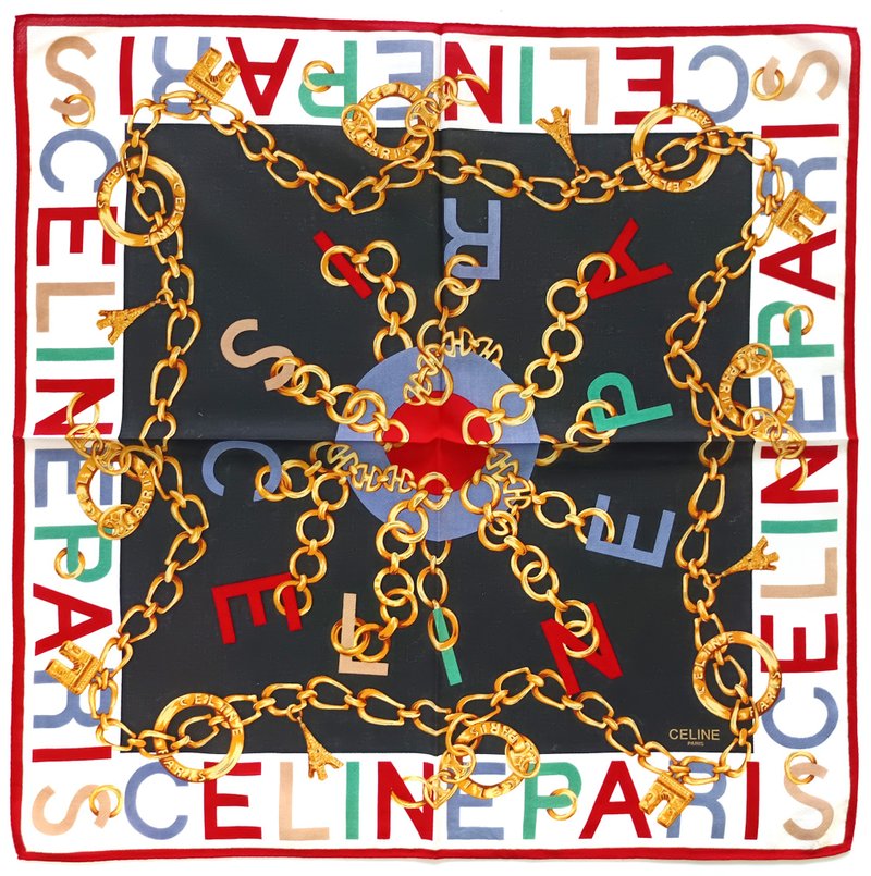 Celine 古董黑丝巾 金色链条 - 巴黎地标图案 23 x 22.5 英寸 - 手帕/方巾 - 棉．麻 红色