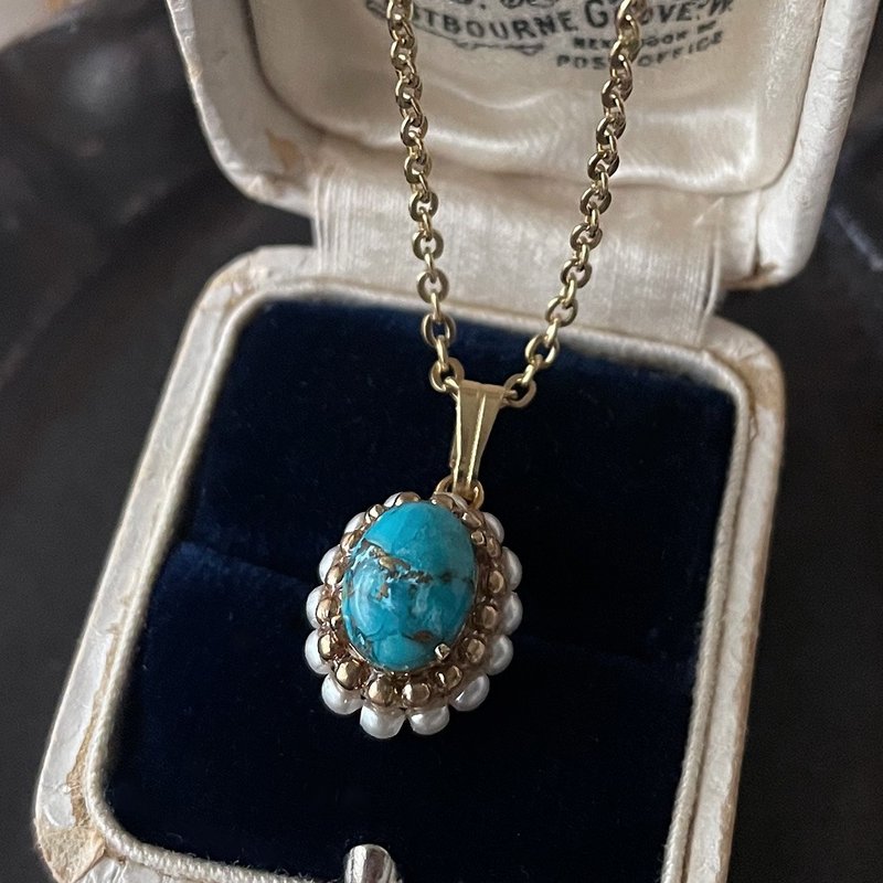 医疗级不锈钢 蓝铜绿宝石与复古珍珠 椭圆项链 / 12 月诞生石 / 抗金属过敏 - 项链 - 宝石 蓝色