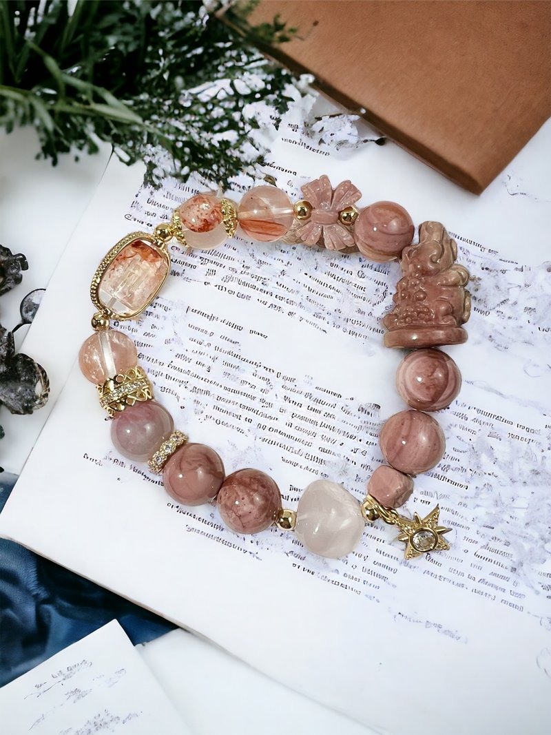 阿拉善玛瑙 水晶 粉晶 红胶花 手珠 手链 串珠 招财巨鳄 鳄鱼 - 手链/手环 - 玉石 