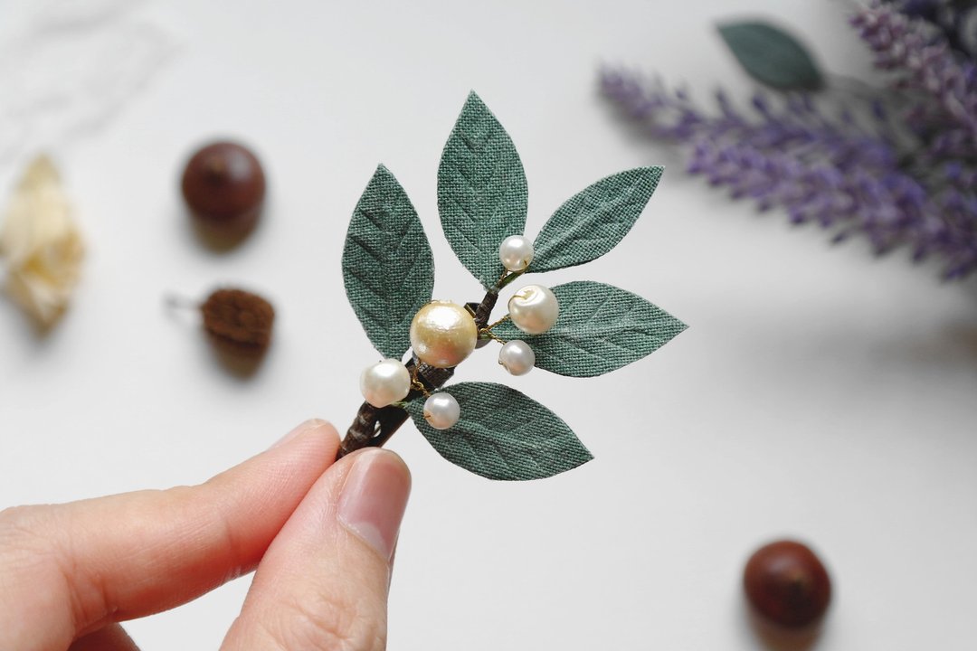 新品 优惠 森林系 珍珠 绿叶 植物 复古 胸花 胸针 礼物 饰品 - 胸针 - 棉 绿色