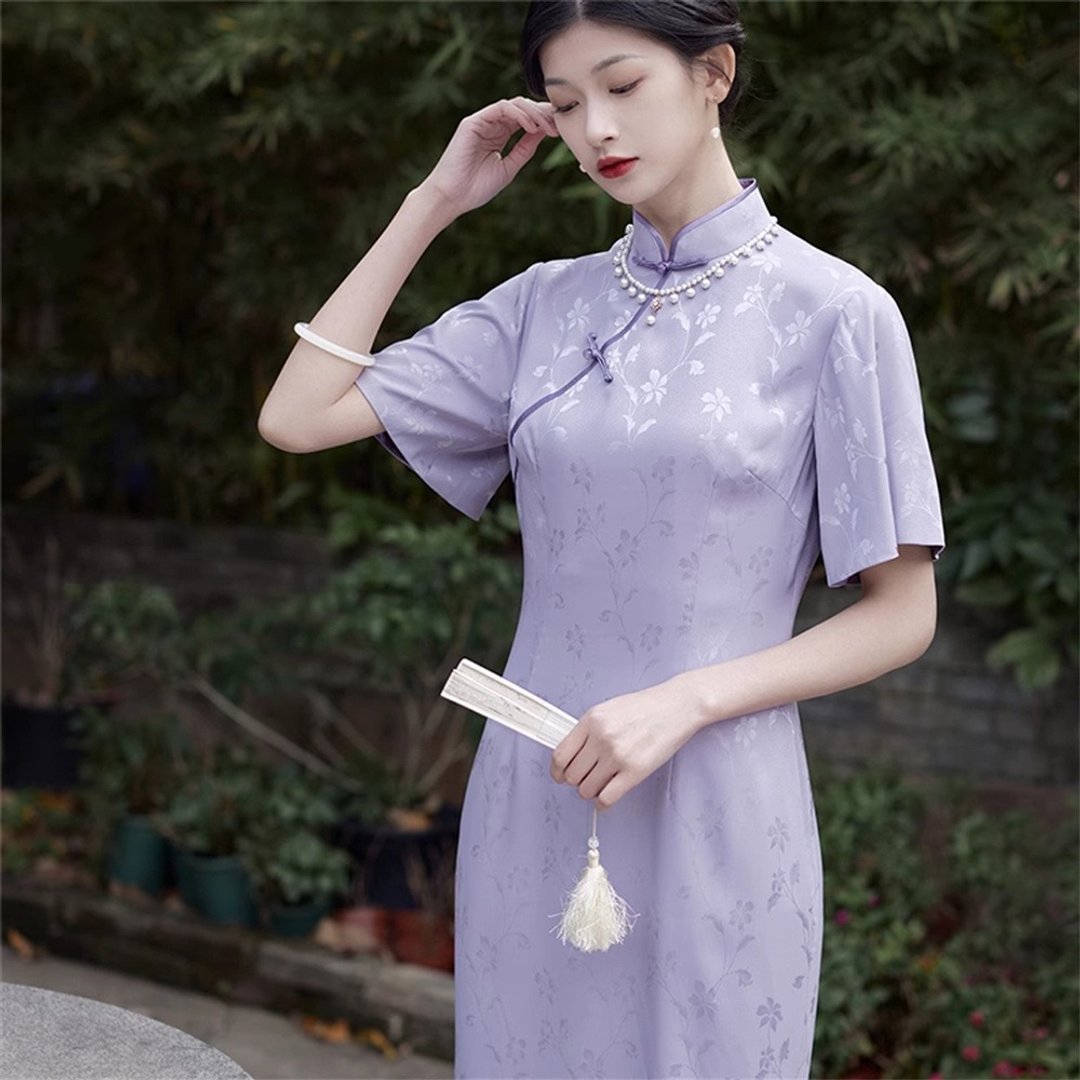 馥玉 紫色短袖改良旗袍 夏季修身少女年輕款洋裝 復古連衣裙 - 旗袍 - 聚酯纤维 紫色