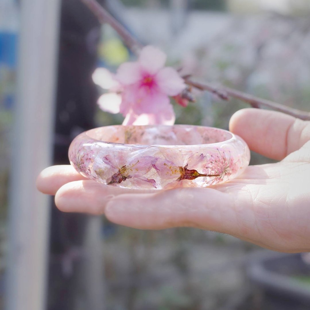 当季・东京昭和桜 - 樱花手镯 (粉花白底)・ 干燥花永生花 / 花说 - 手链/手环 - 植物．花 粉红色