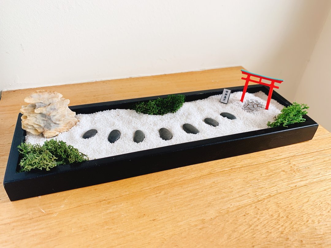 纯自然 日式 禅庭 黑长方木盒 鸟居 沙盘 枯山水  送礼 疗愈 zen - 摆饰 - 木头 白色