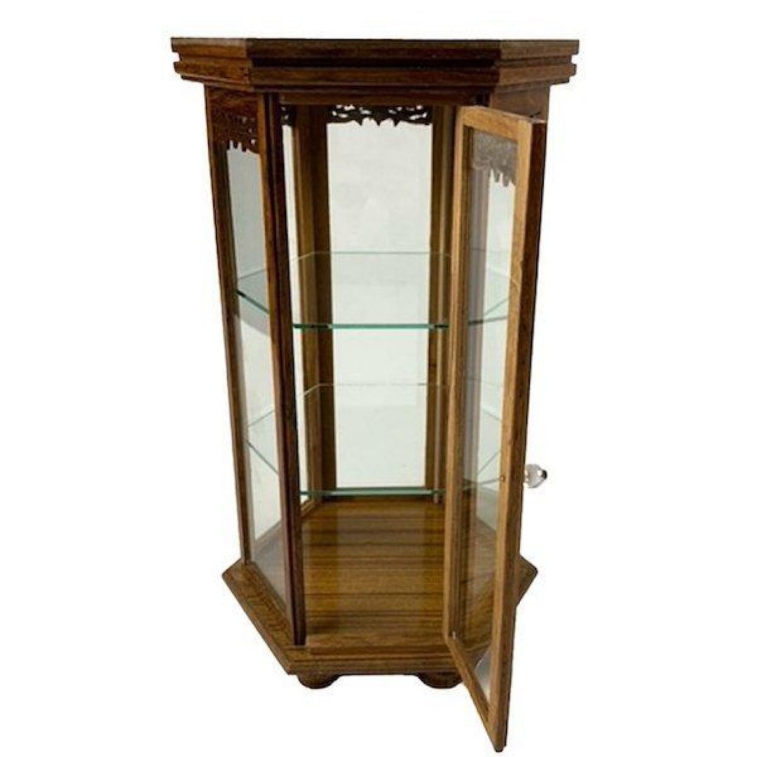 Miniature Showcase L Hexagonal Column Single Door Round Foot Wooden Glass Case - 收纳用品 - 木头 咖啡色