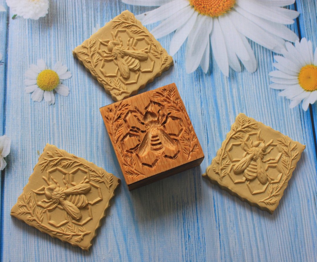 Wooden stamp, Bee stamp, Gingerbread cookie stamp, springerle stamp, gingerbread - 厨房家电 - 木头 咖啡色