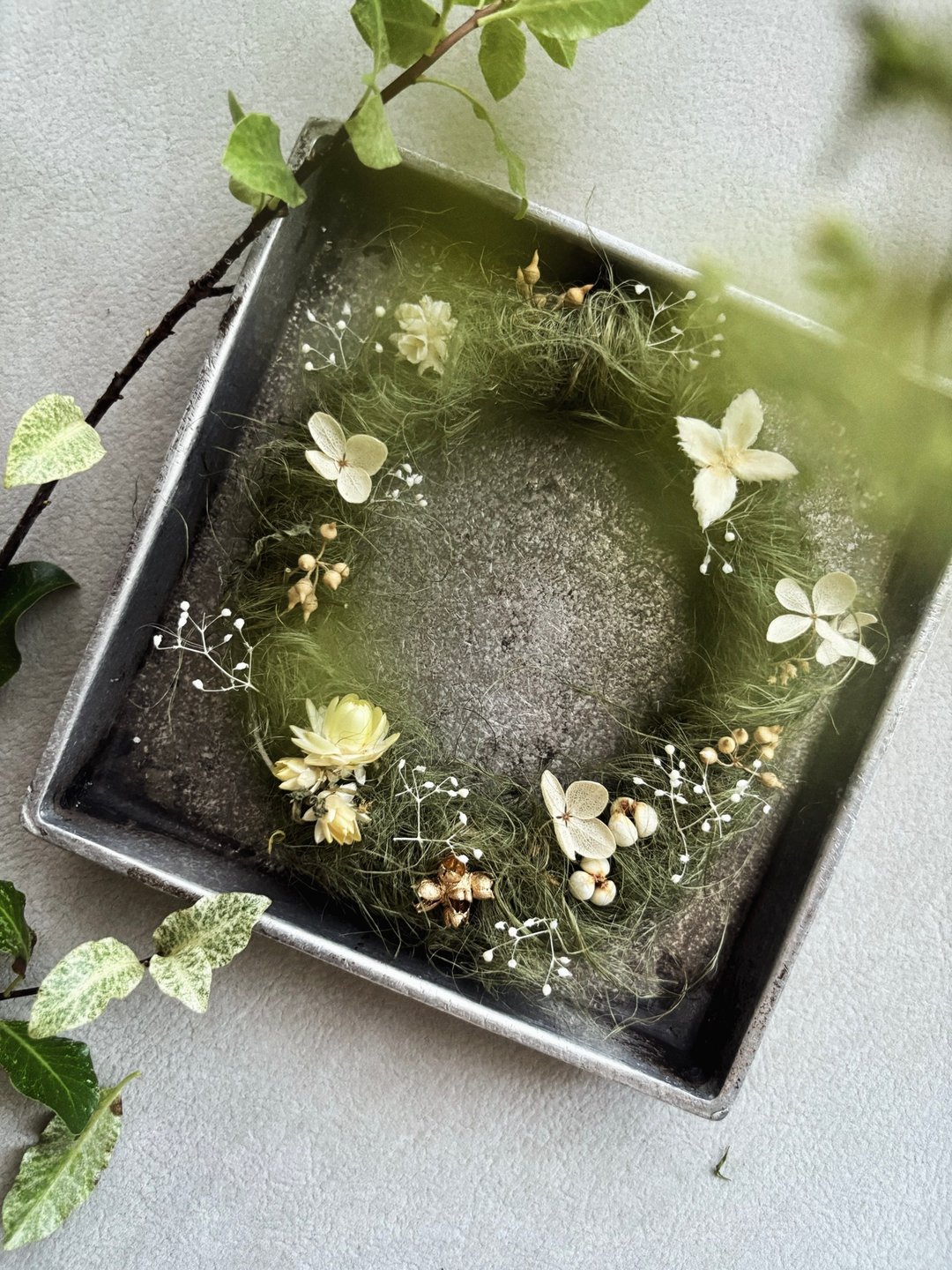 抹茶小花圈。相框花圈 ∣绿琼蔴丝。绣球花.果实。满天星 - 摆饰 - 植物．花 绿色