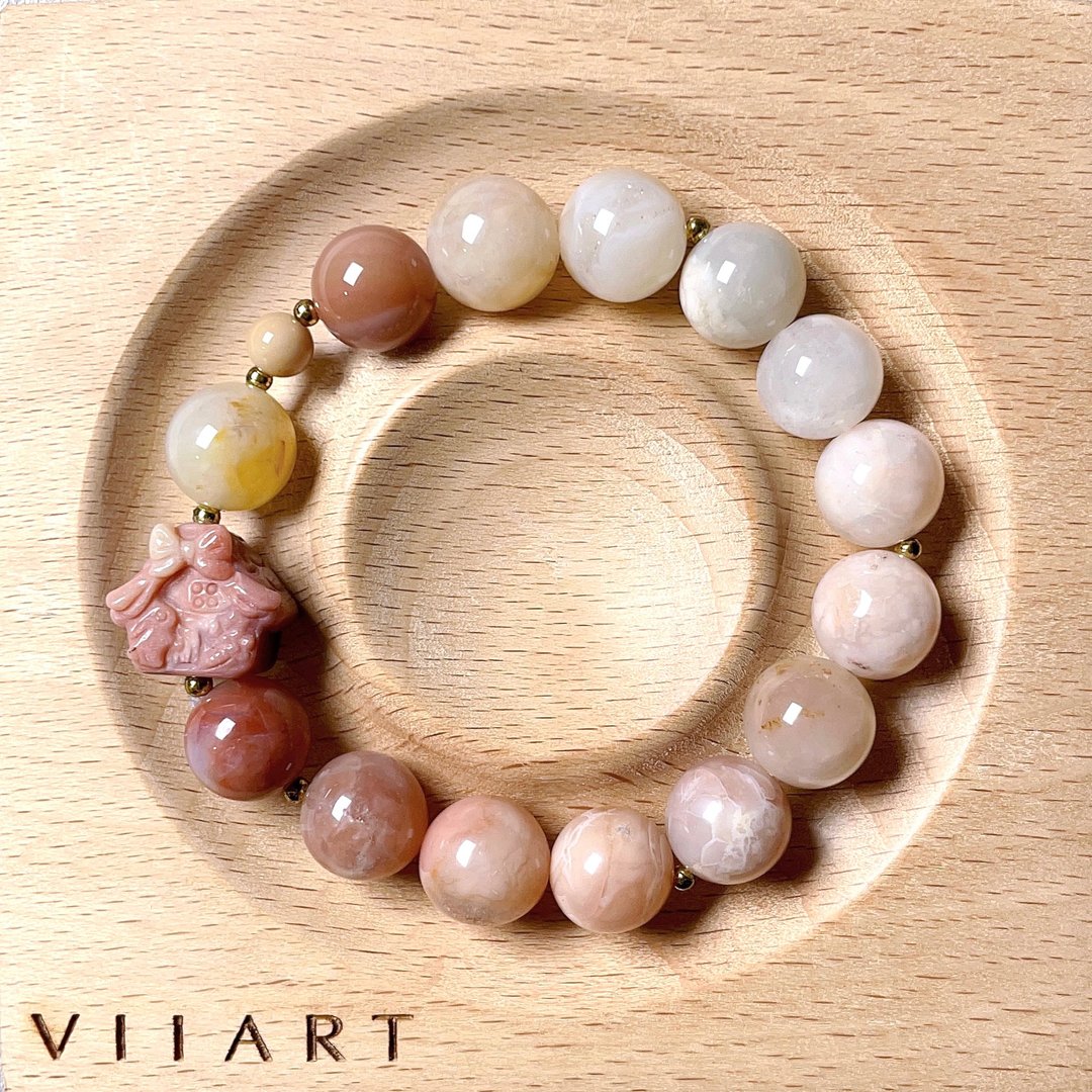 VIIART贰馆。衣食丰足。阿拉善玛瑙雕件手环手串|一物一拍天然石 - 手链/手环 - 其他材质 粉红色