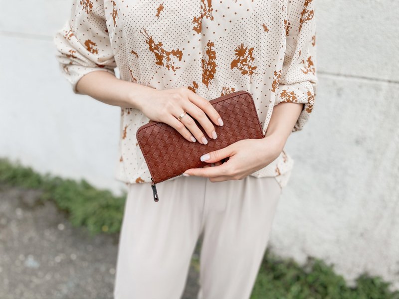 牛革编织长夹 - 皮夹/钱包 - 真皮 咖啡色