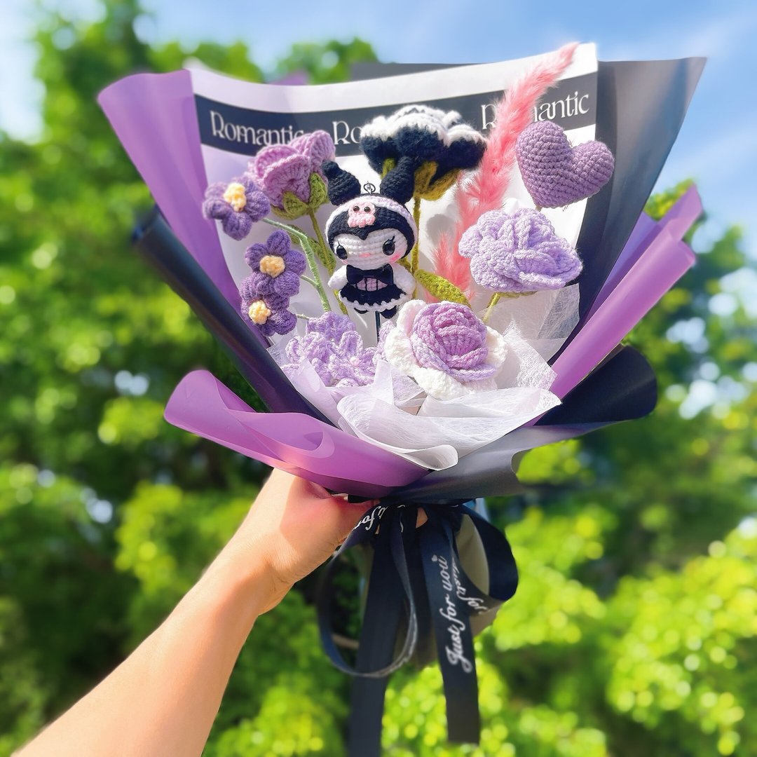 手作钩针紫色猫咪主题花束新奇居家摆件新奇居家摆件 - 干燥花/捧花 - 棉 蓝色