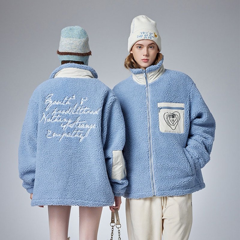 情侣蓝色羊羔绒夹克棉服 男士冬季棉衣外套女 - 男装外套 - 其他材质 蓝色