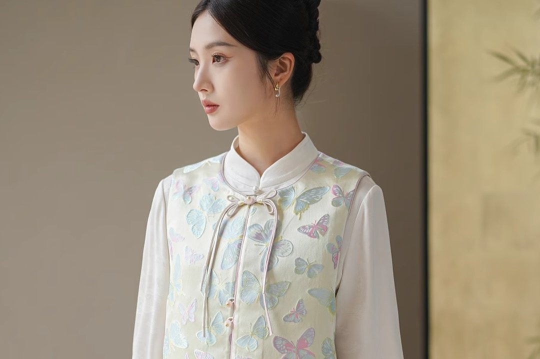 彩蝶锦 新中式中国风提花唐装背心 - 女装上衣 - 其他材质 绿色