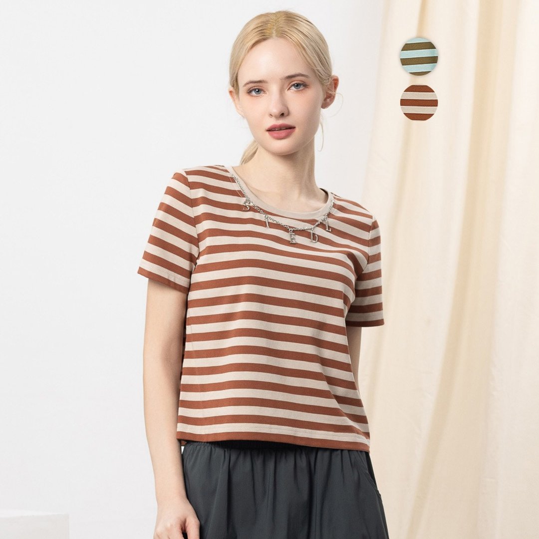 【MEDUSA】设计感吊饰条纹T恤 - 2色(M-XL) | 女休闲上衣 短袖T恤 - 女装 T 恤 - 棉 咖啡色