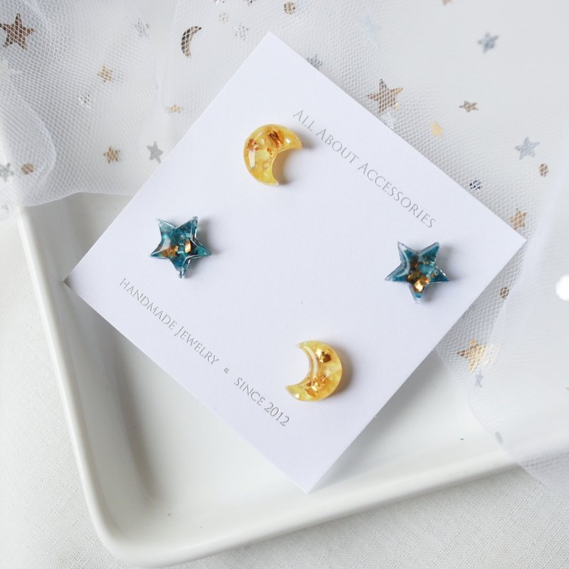 时光碎片系列 - 星星月亮四件组耳环耳夹 - 耳环/耳夹 - 其他金属 多色