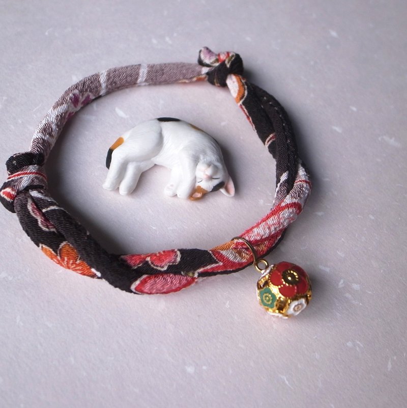 日本犬猫和布项圈(可调式)--四季黑+梅圆铃 - 项圈/牵绳 - 丝．绢 黑色