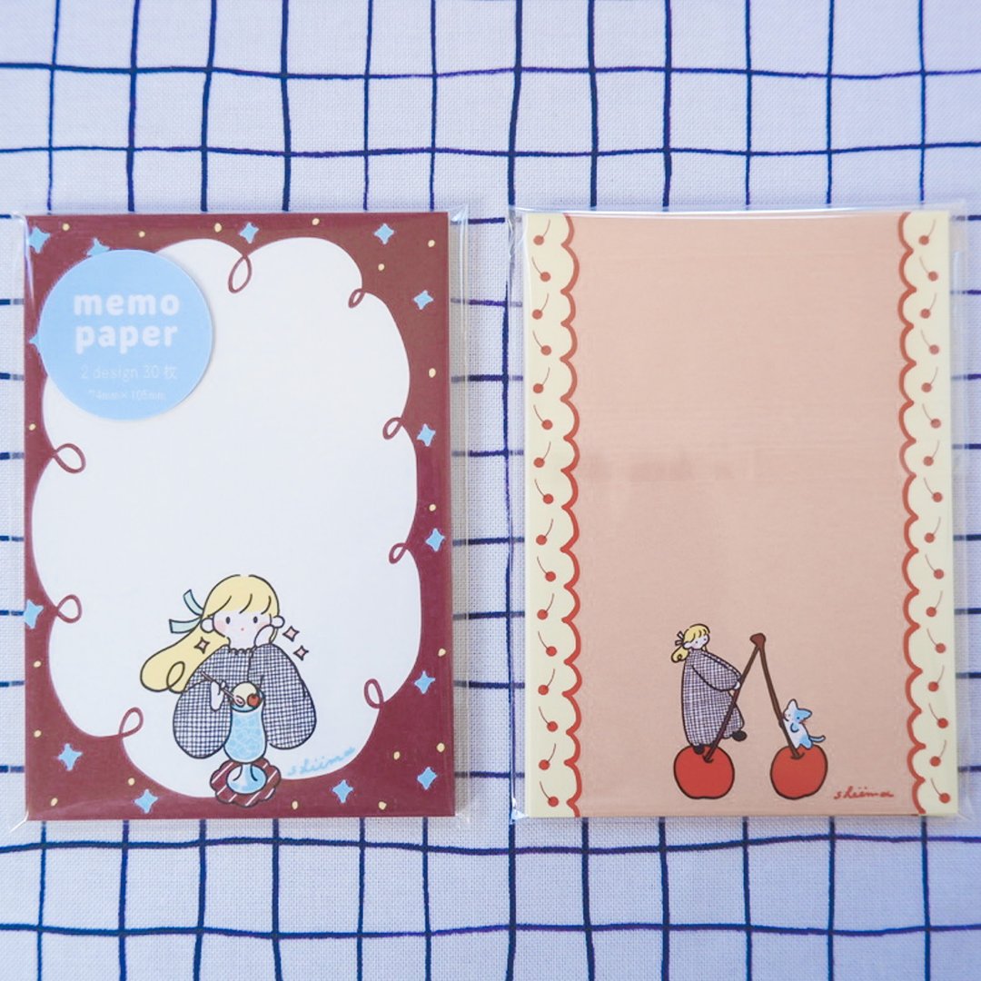 便条纸 memo paper A7【樱桃与女孩与小猫】内含 2 种款式 - 笔记本/手帐 - 纸 粉红色
