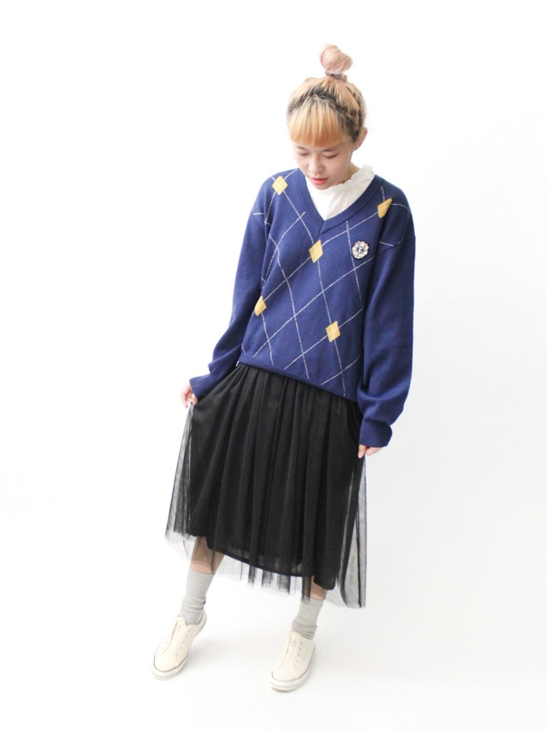 【RE1222SW076】日本制深蓝色格纹Ｖ领羊毛宽松古着毛衣 - 女装针织衫/毛衣 - 羊毛 蓝色