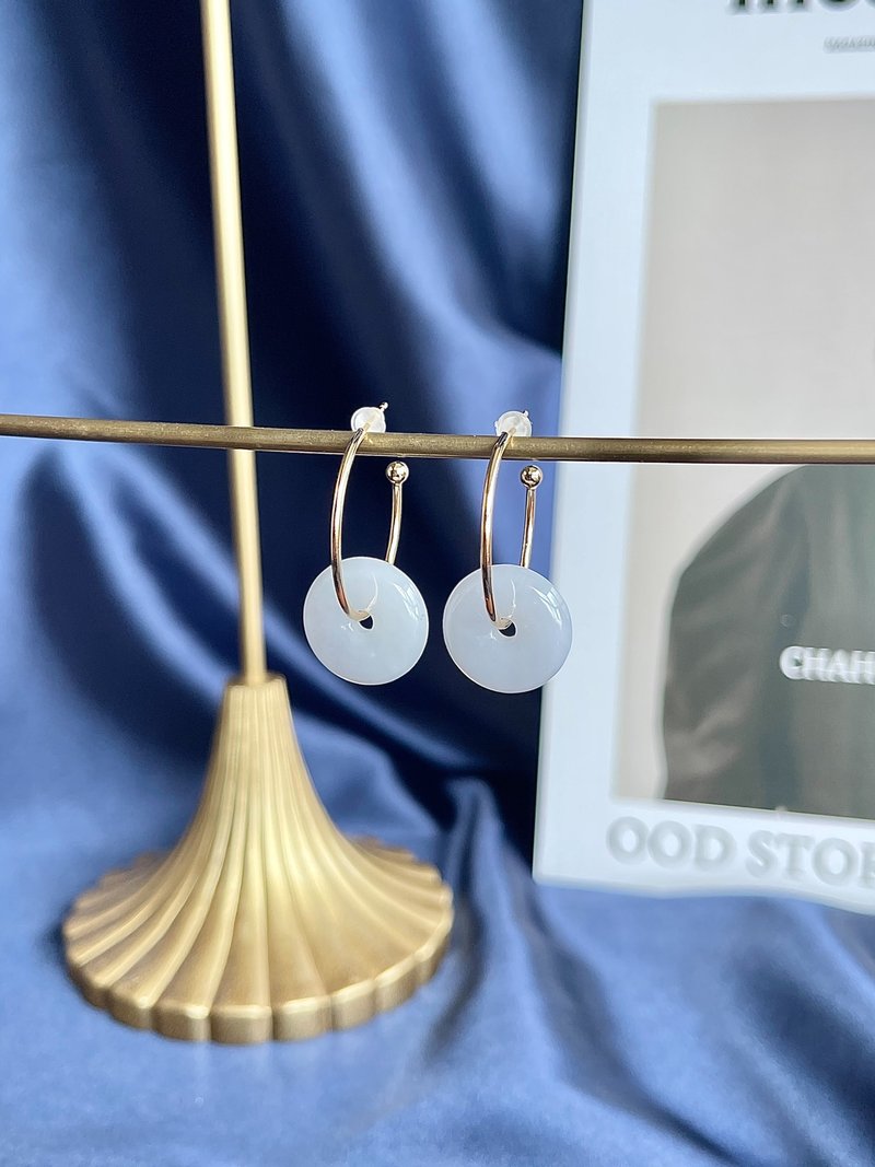 缅甸玉A货翡翠-冰平安扣翡翠14k包金耳环 可拆式 项链 耳环 礼物 - 耳环/耳夹 - 玉石 金色